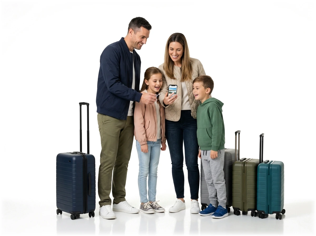Happy family with travel suitcases using SoloeSIM 5G data on smartphone