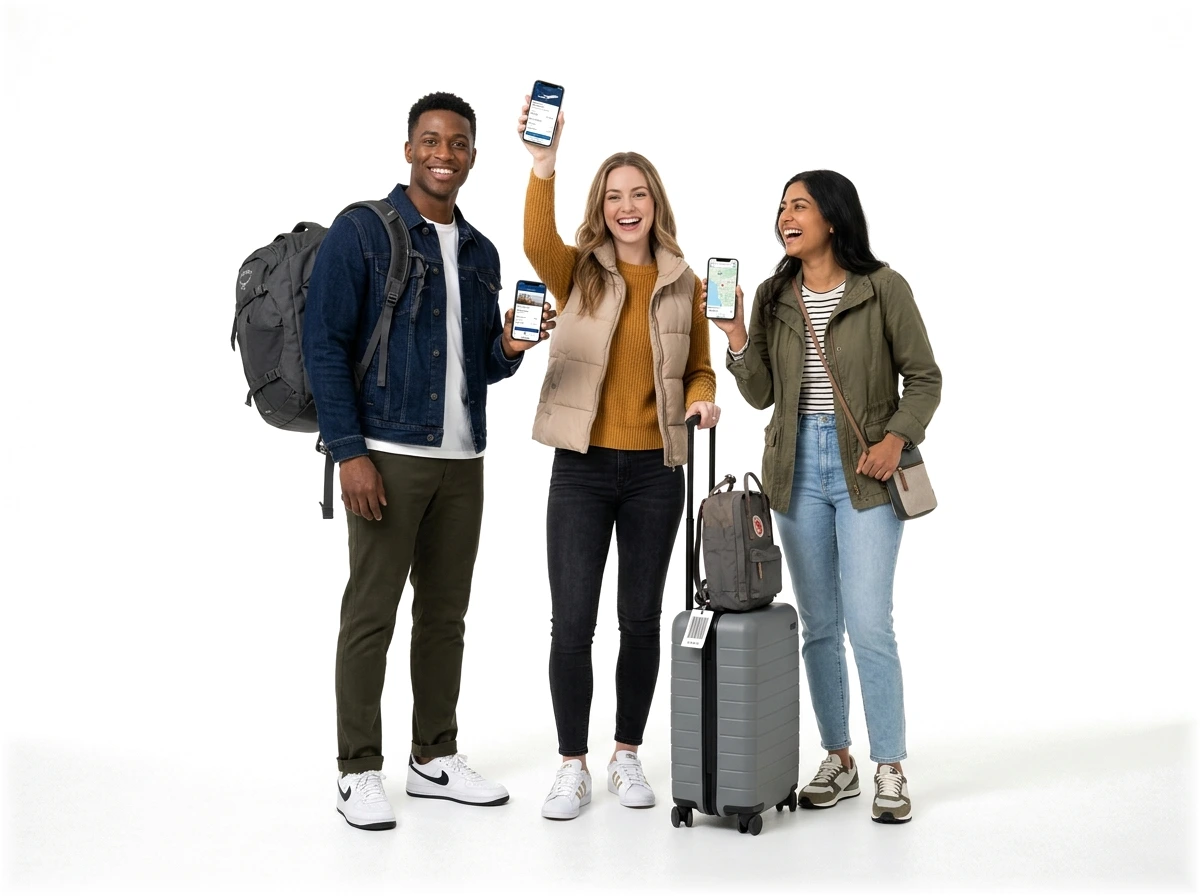Friends traveling with carry-on luggage holding smartphones connected to SoloeSIM
