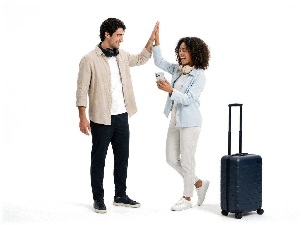 Travelers high-fiving with smartphone and suitcase connected on SoloeSIM 5G